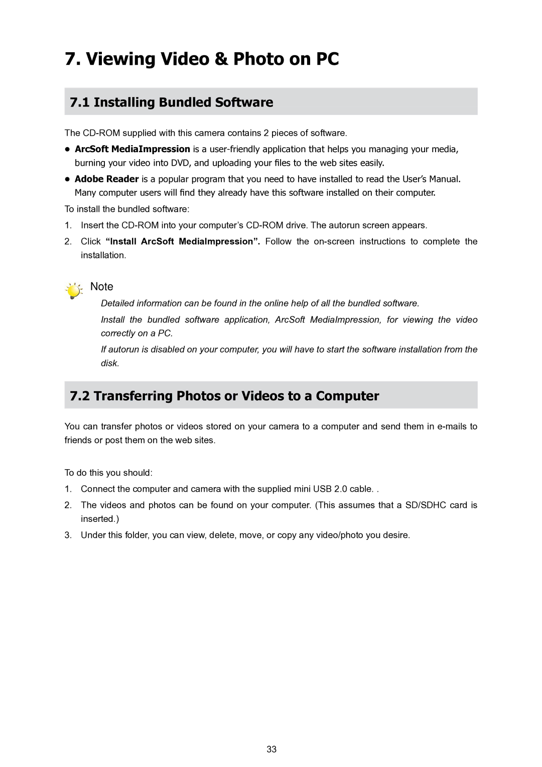 HP T200 manual Viewing Video & Photo on PC, Installing Bundled Software, Transferring Photos or Videos to a Computer 