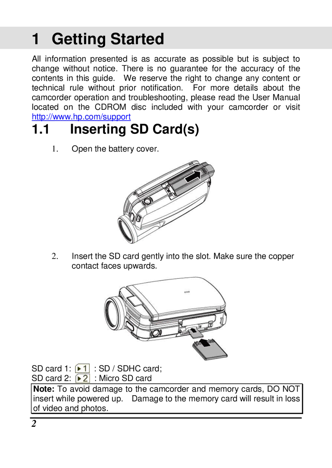 HP T250 manual Getting Started, Inserting SD Cards 