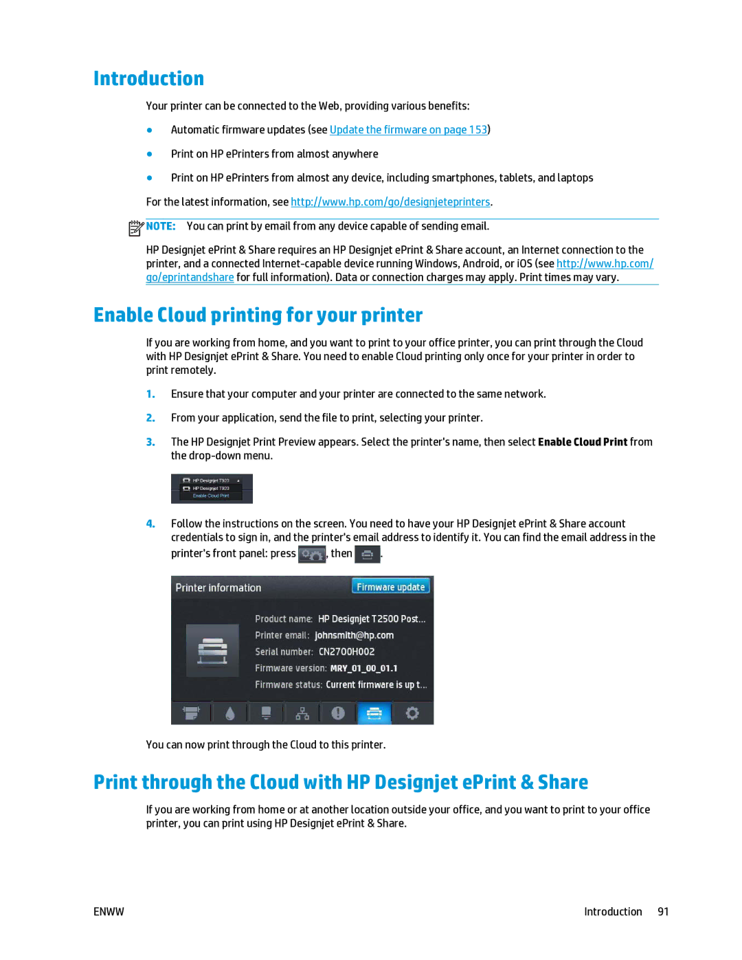 HP T2500 manual Enable Cloud printing for your printer, Print through the Cloud with HP Designjet ePrint & Share 