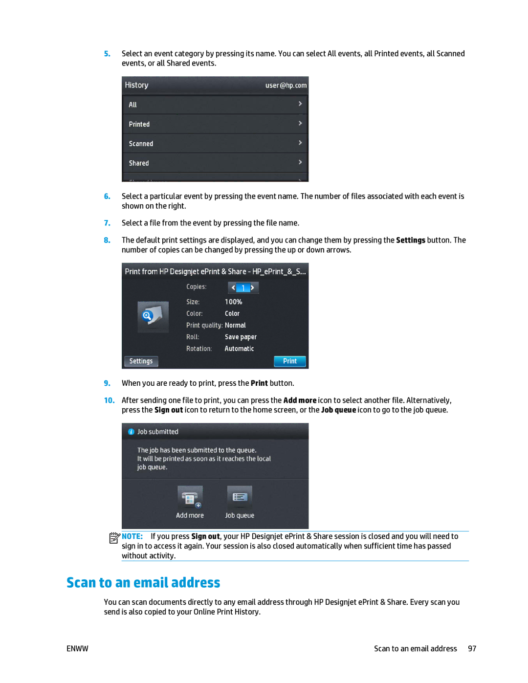 HP T2500 manual Scan to an email address 