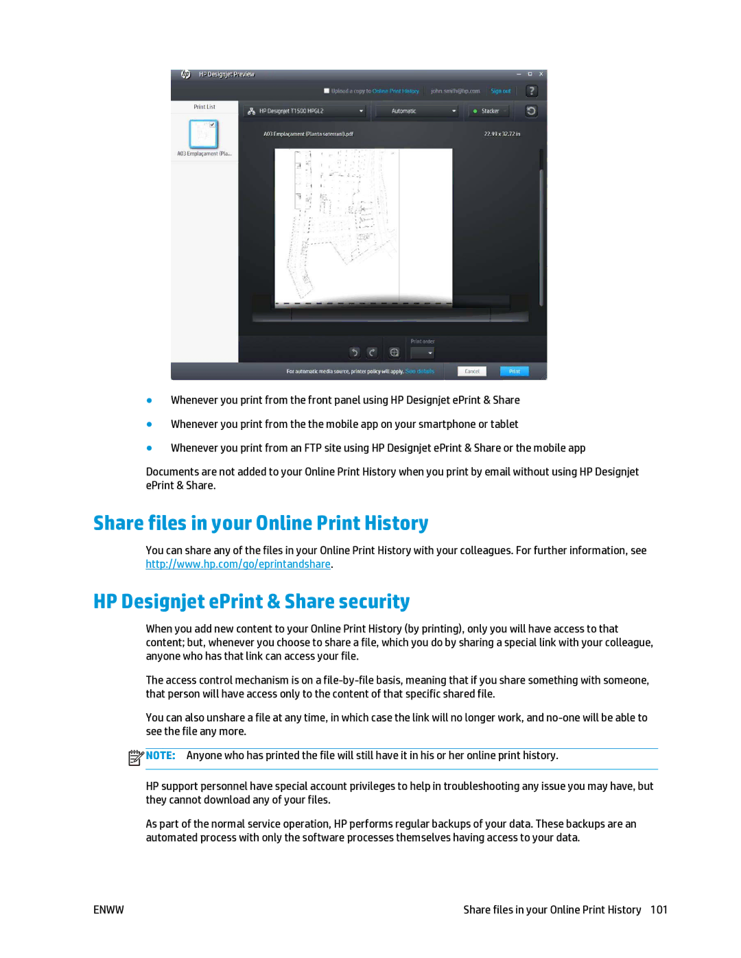 HP T2500 manual Share files in your Online Print History 