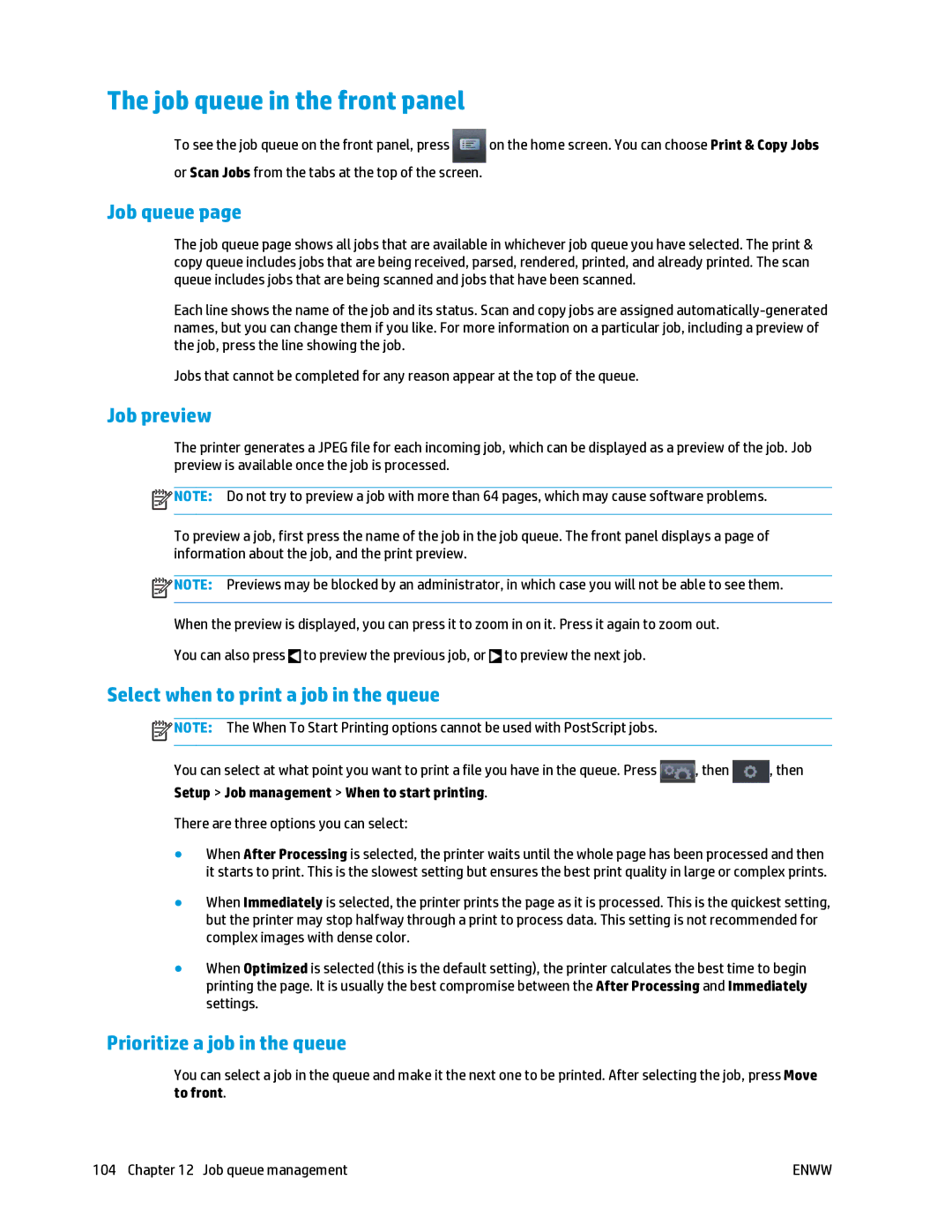 HP T2500 Job queue in the front panel, Job preview, Select when to print a job in the queue, Prioritize a job in the queue 