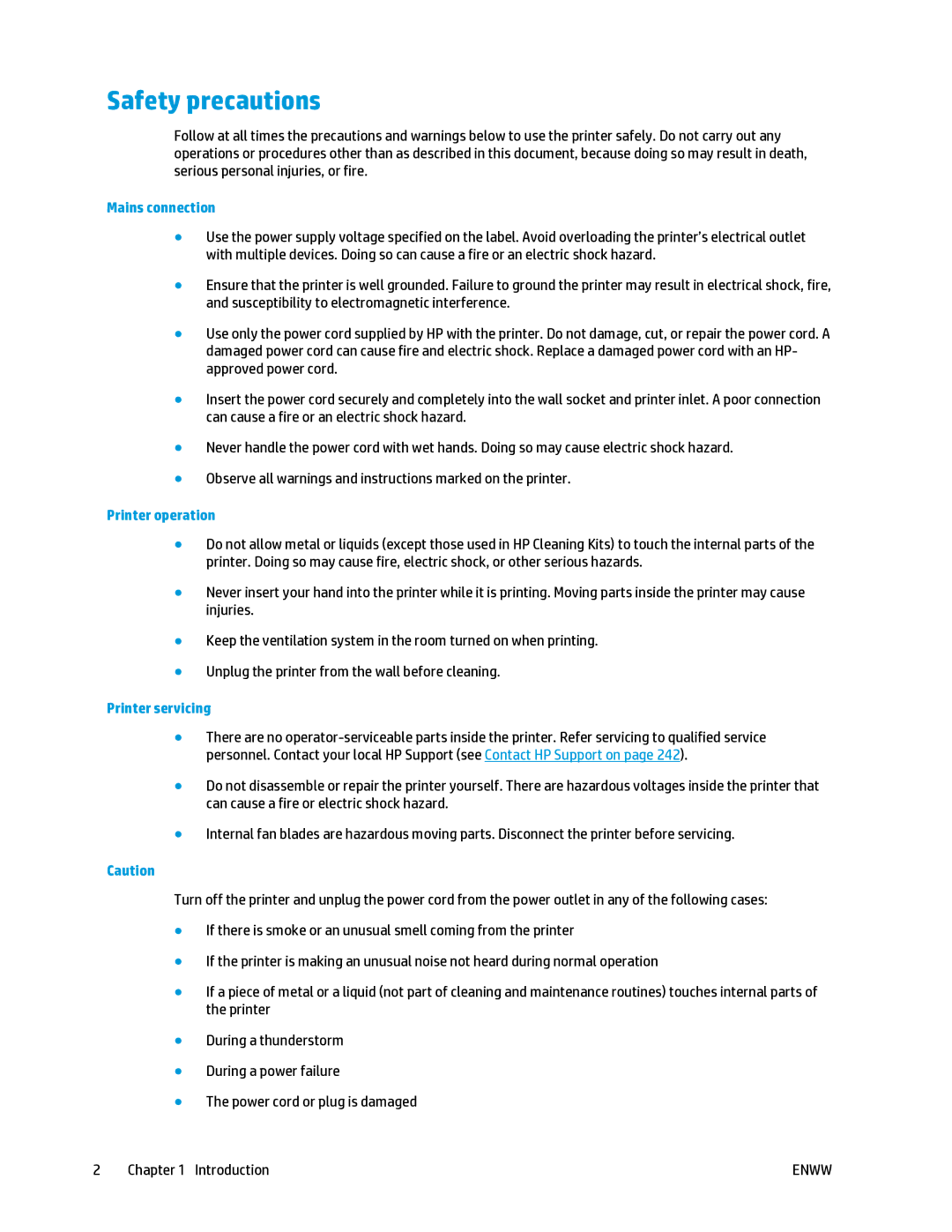 HP T2500 manual Safety precautions, Mains connection, Printer operation, Printer servicing 