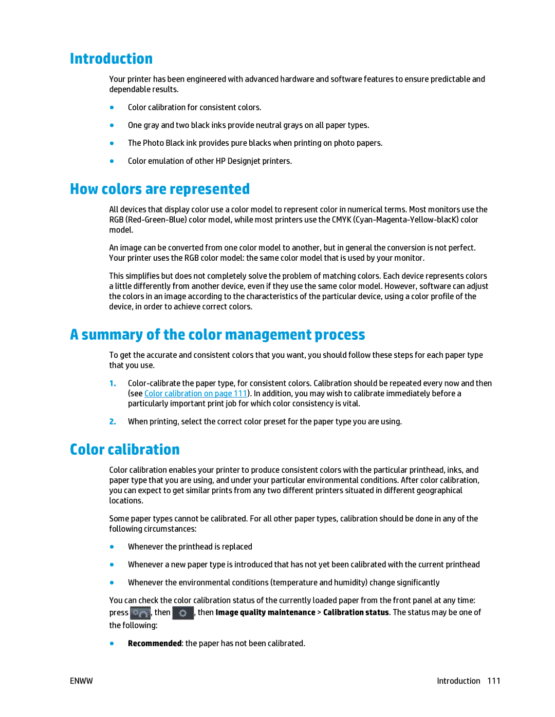 HP T2500 manual How colors are represented, Summary of the color management process, Color calibration 