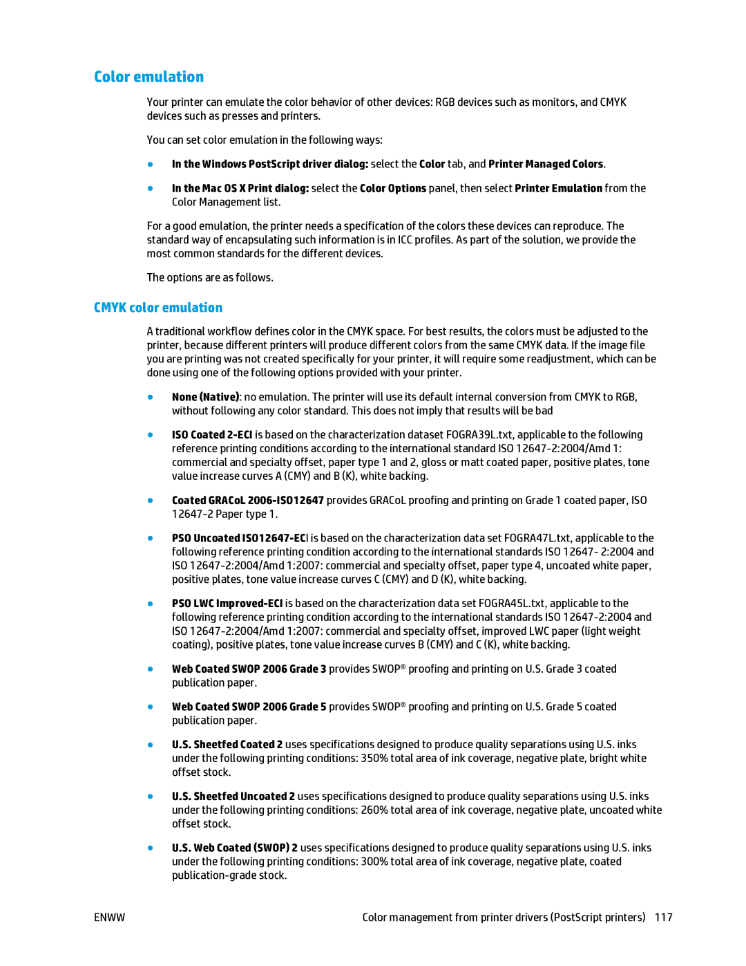 HP T2500 manual Color emulation, Cmyk color emulation 