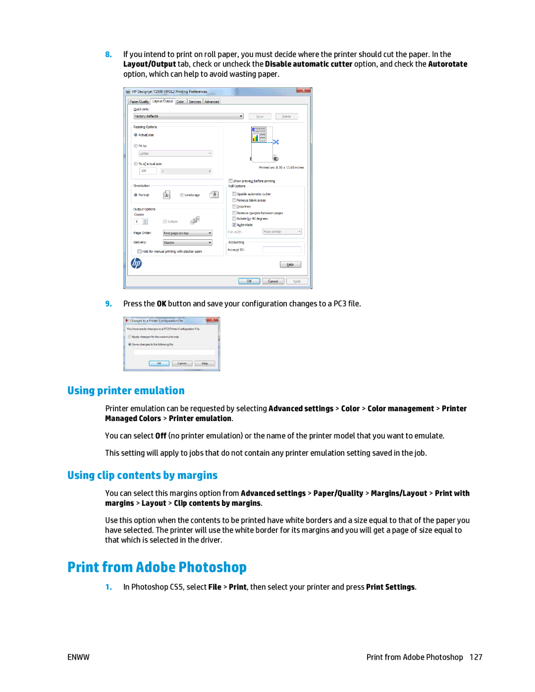 HP T2500 manual Print from Adobe Photoshop, Using printer emulation, Using clip contents by margins 