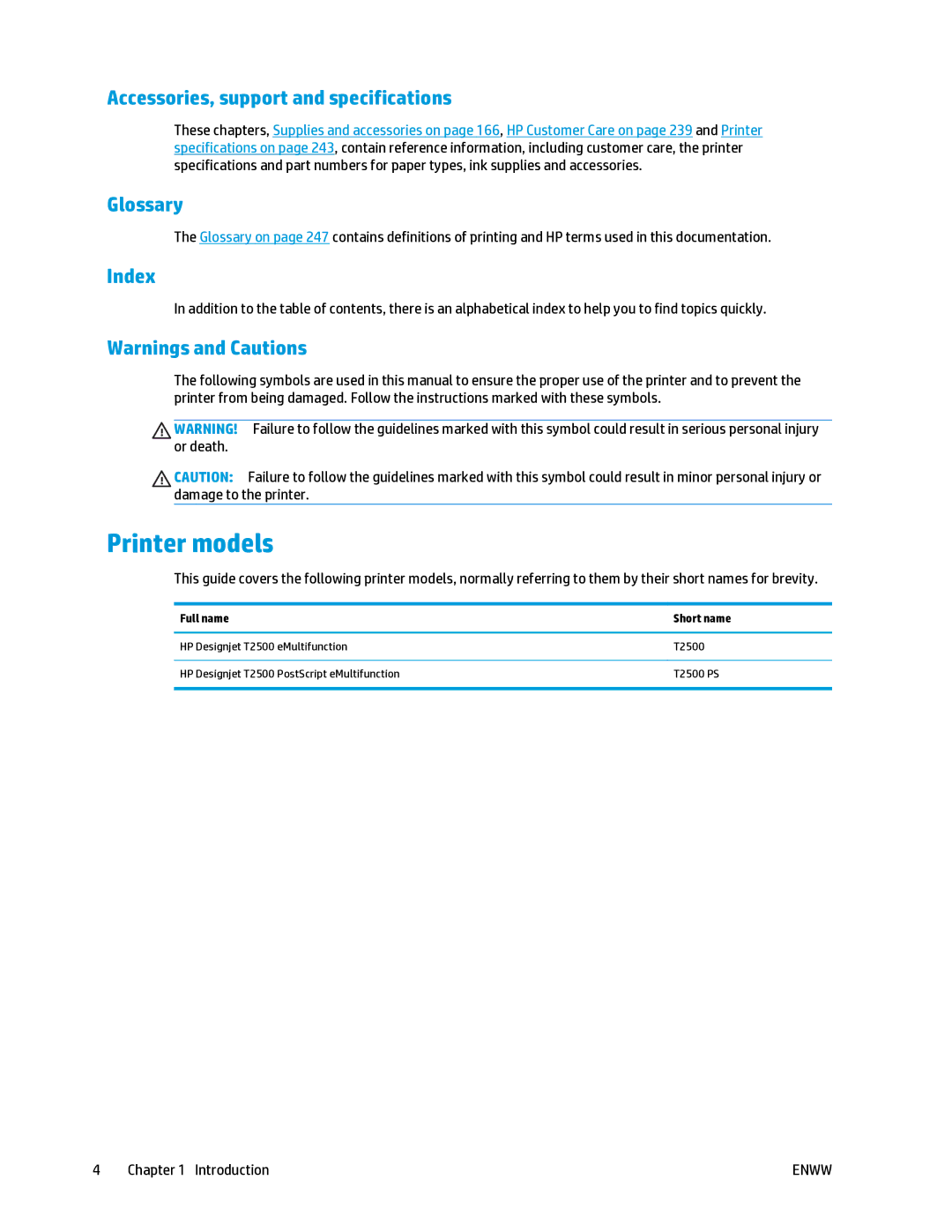 HP T2500 manual Printer models, Accessories, support and specifications, Glossary, Index 