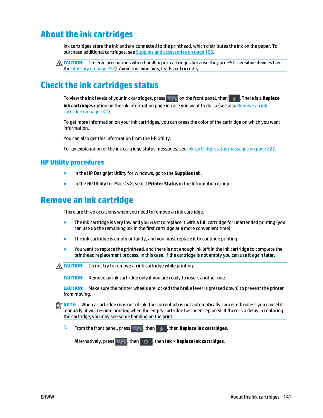 HP T2500 manual About the ink cartridges, Check the ink cartridges status, Remove an ink cartridge, HP Utility procedures 