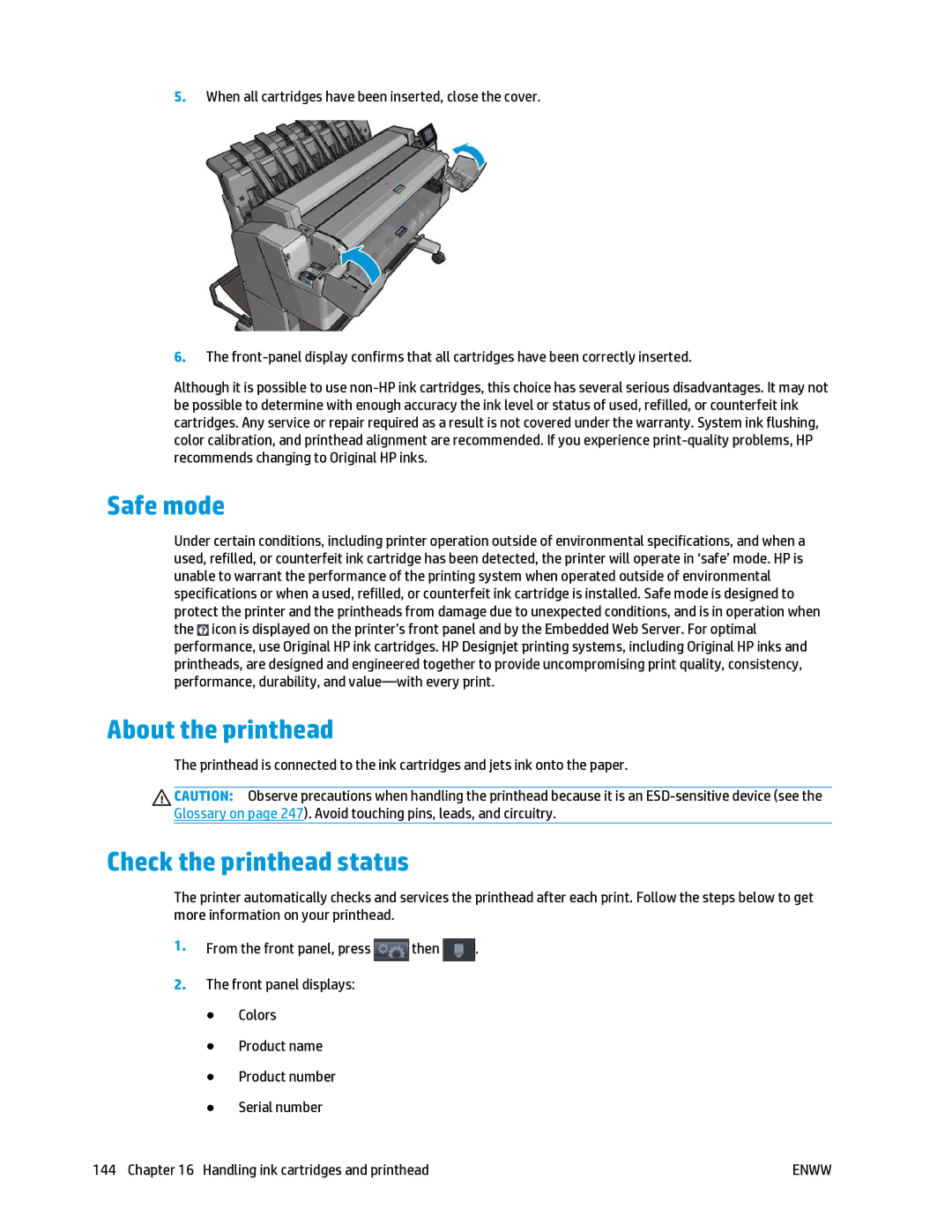 HP T2500 manual Safe mode, About the printhead, Check the printhead status 