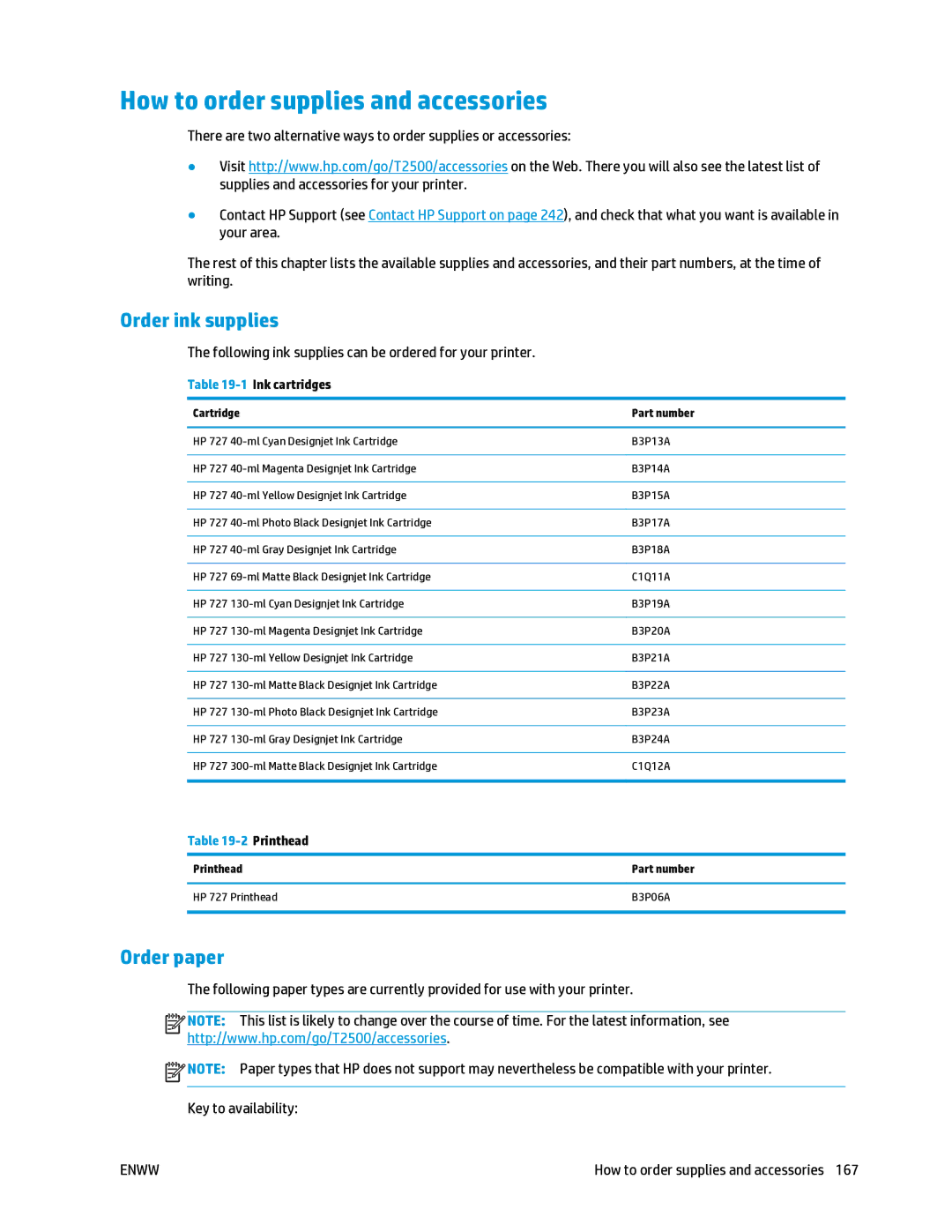 HP T2500 manual How to order supplies and accessories, Order ink supplies, Order paper 