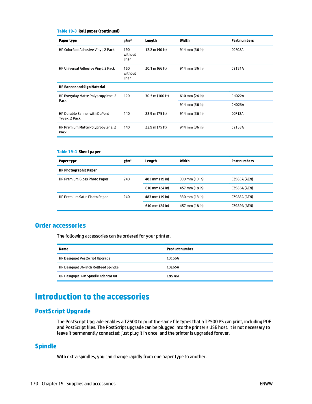 HP T2500 manual Introduction to the accessories, Order accessories, PostScript Upgrade Spindle 