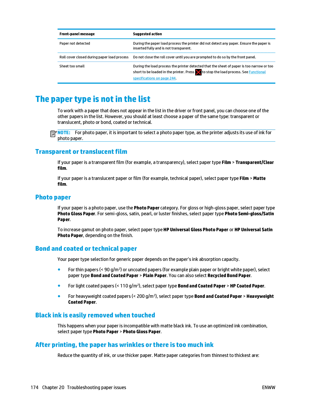 HP T2500 Paper type is not in the list, Transparent or translucent film, Photo paper, Bond and coated or technical paper 