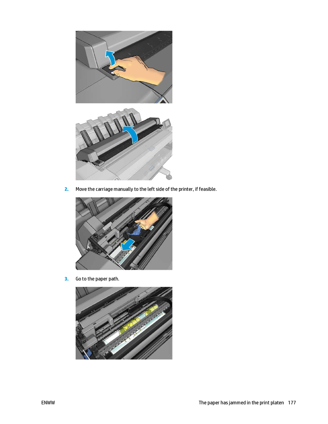 HP T2500 manual Paper has jammed in the print platen 