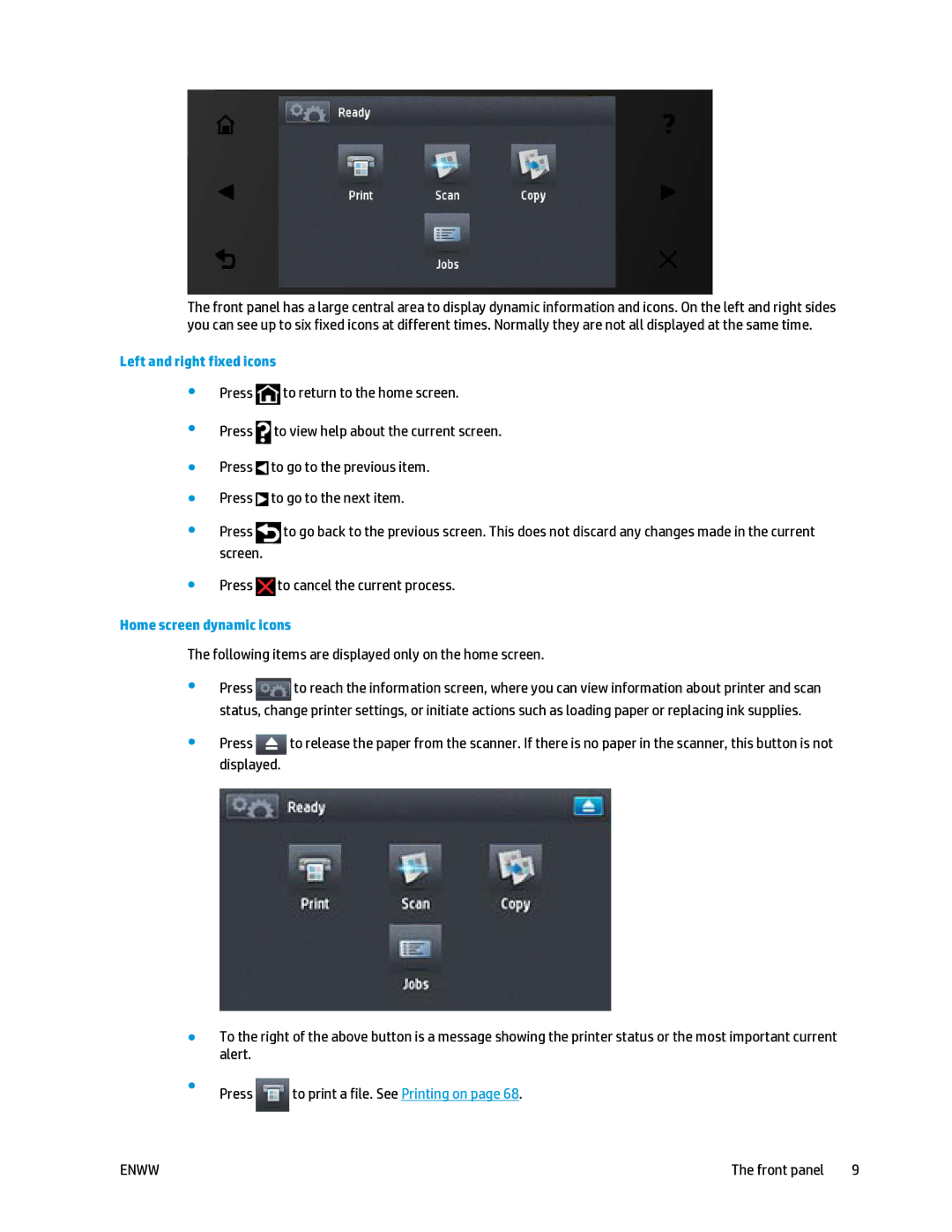 HP T2500 Left and right fixed icons, Home screen dynamic icons, Following items are displayed only on the home screen 