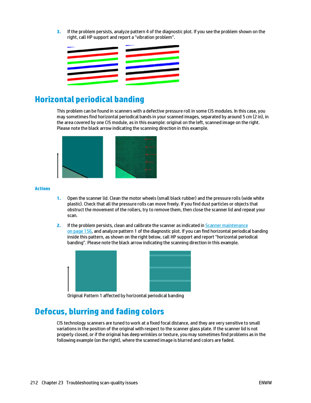 HP T2500 manual Horizontal periodical banding, Defocus, blurring and fading colors 
