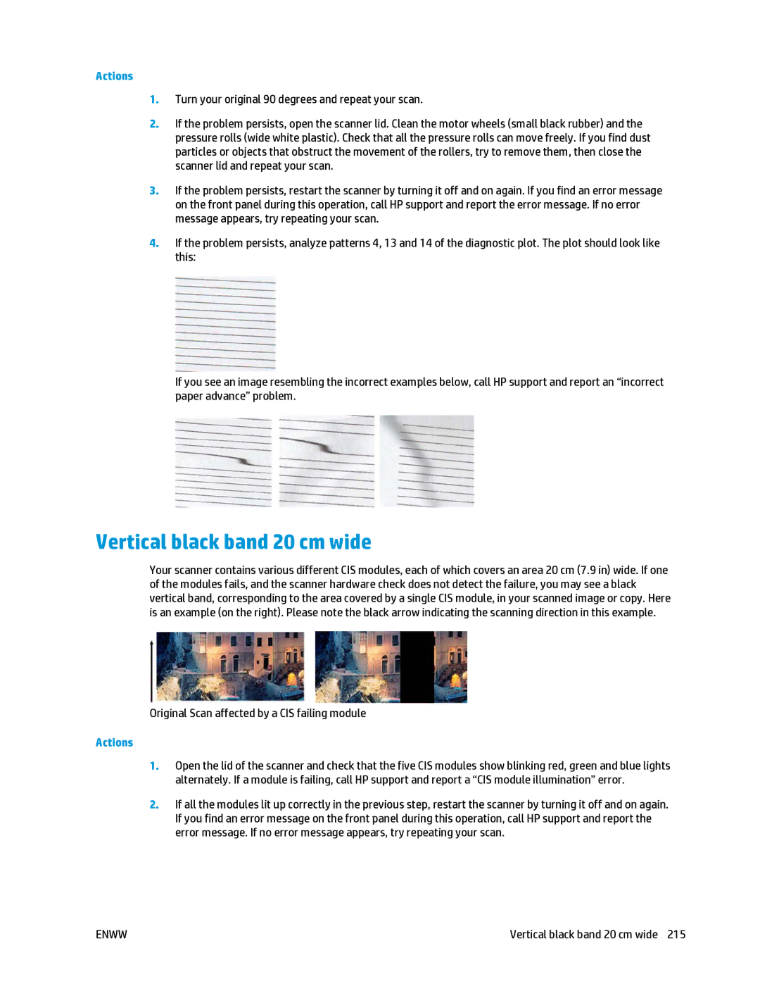 HP T2500 manual Vertical black band 20 cm wide, Original Scan affected by a CIS failing module 