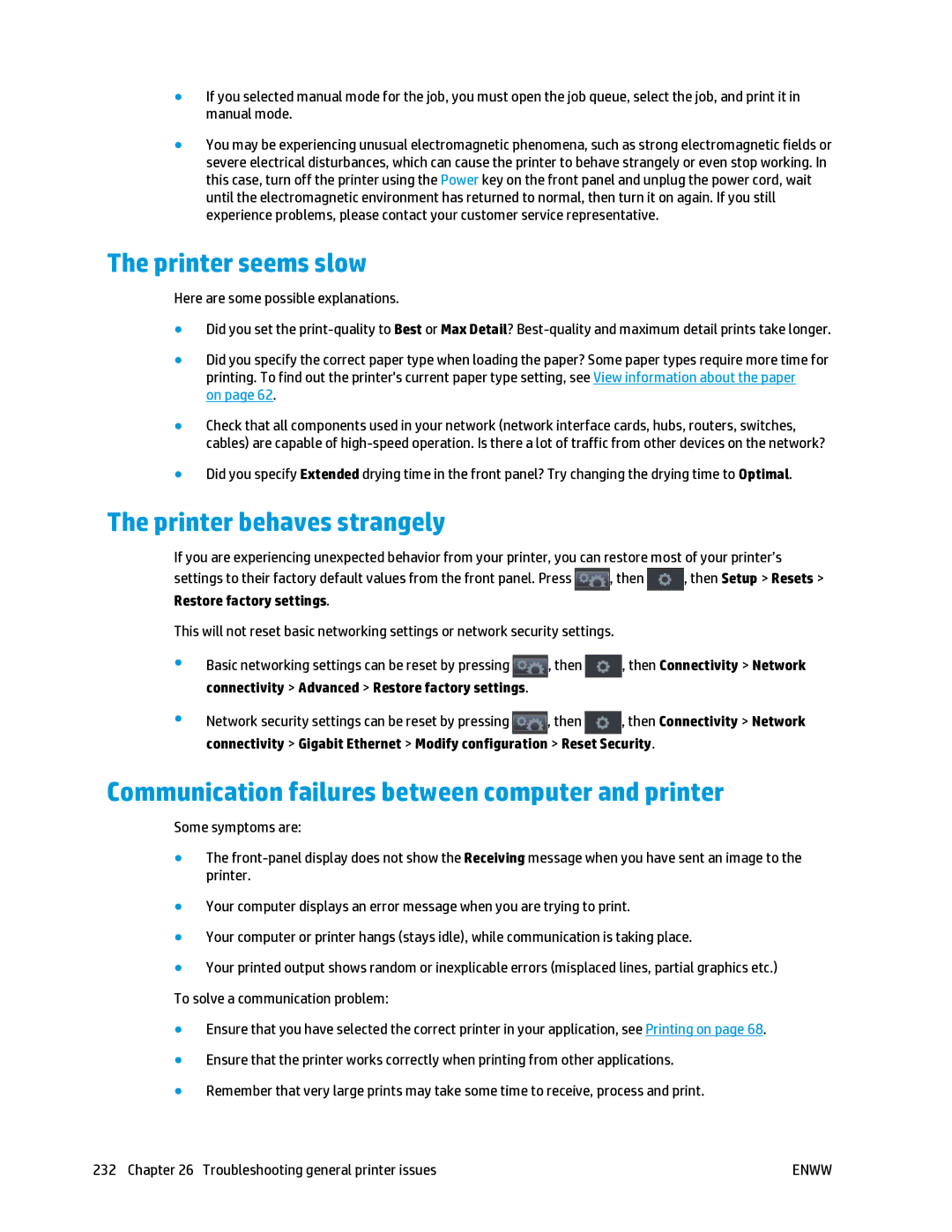 HP T2500 manual Printer seems slow, Printer behaves strangely, Communication failures between computer and printer 