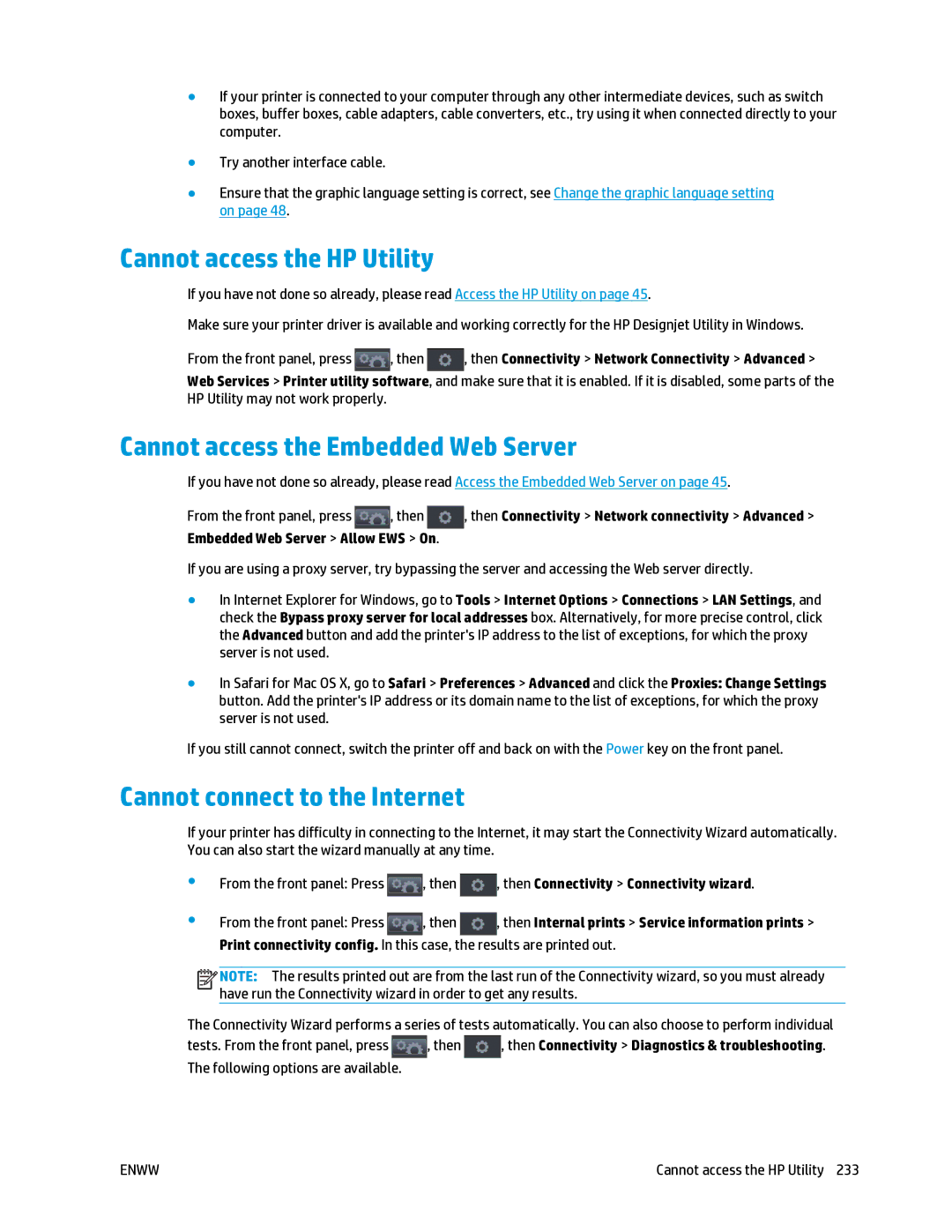 HP T2500 manual Cannot access the HP Utility, Cannot access the Embedded Web Server, Cannot connect to the Internet 