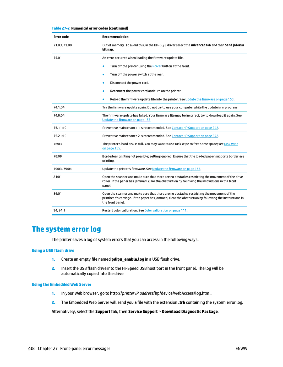 HP T2500 manual System error log, Using a USB flash drive, Using the Embedded Web Server 