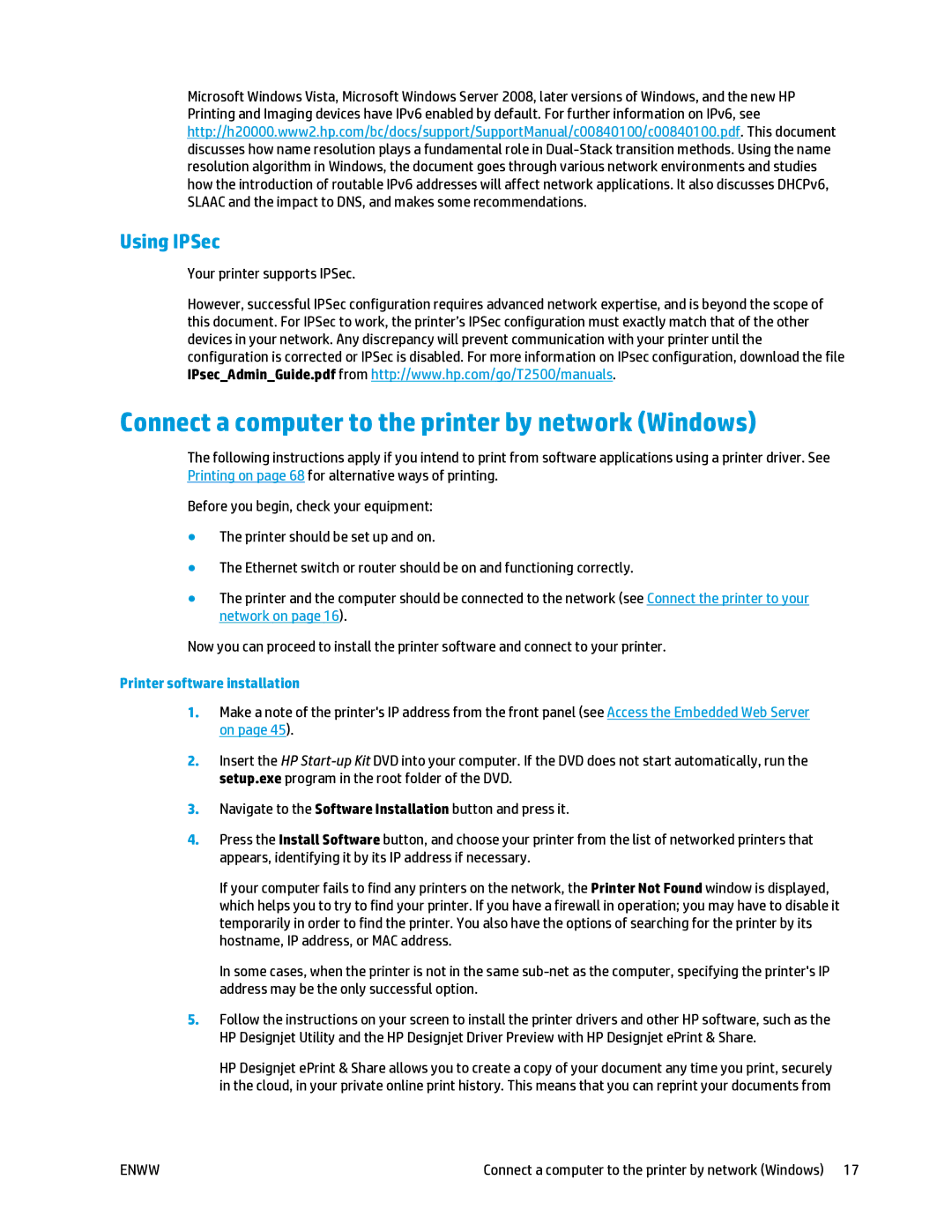 HP T2500 manual Connect a computer to the printer by network Windows, Using IPSec, Your printer supports IPSec 