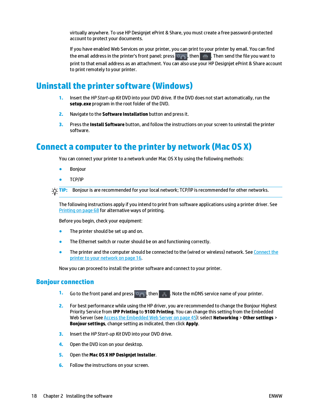 HP T2500 Uninstall the printer software Windows, Connect a computer to the printer by network Mac OS, Bonjour connection 