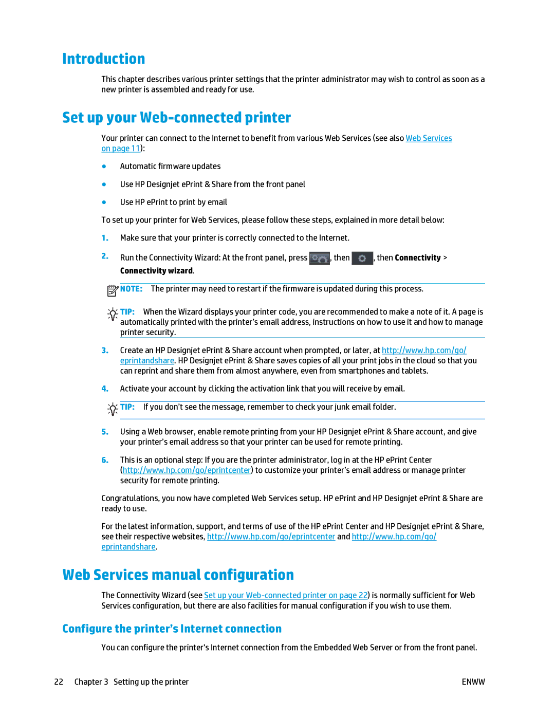 HP T2500 Introduction, Set up your Web-connected printer, Web Services manual configuration 