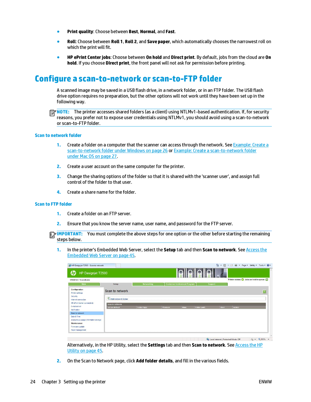 HP T2500 manual Configure a scan-to-network or scan-to-FTP folder, Print quality Choose between Best, Normal, and Fast 