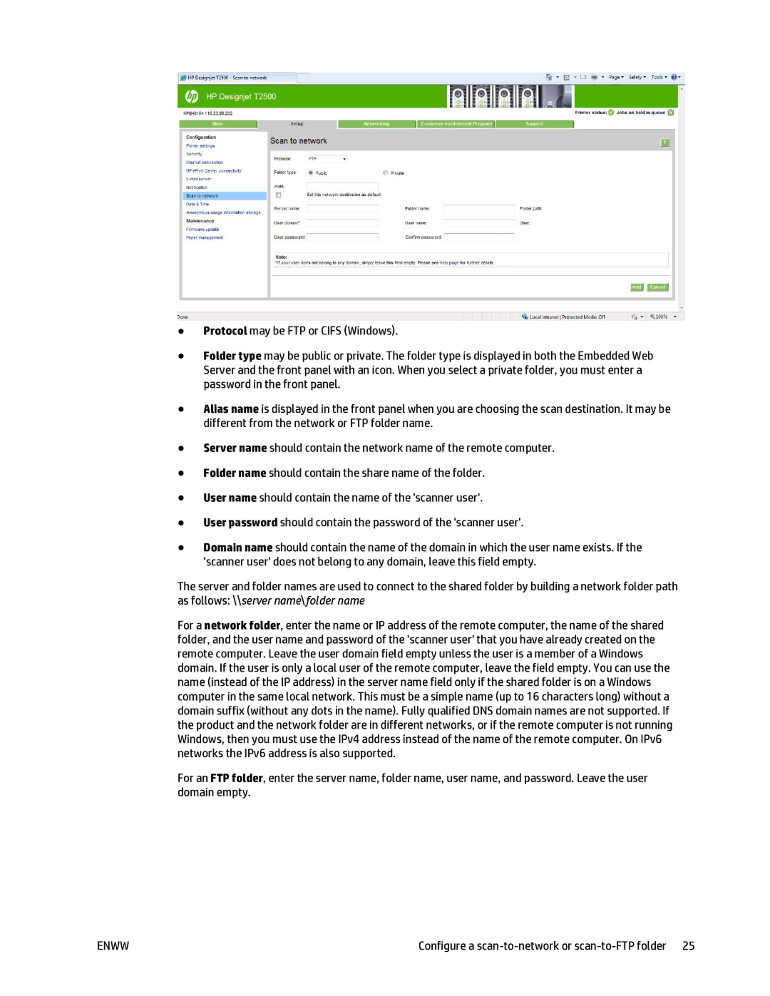 HP T2500 manual Configure a scan-to-network or scan-to-FTP folder 