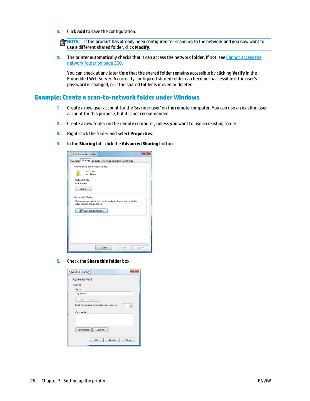 HP T2500 manual Example Create a scan-to-network folder under Windows, Check the Share this folder box 