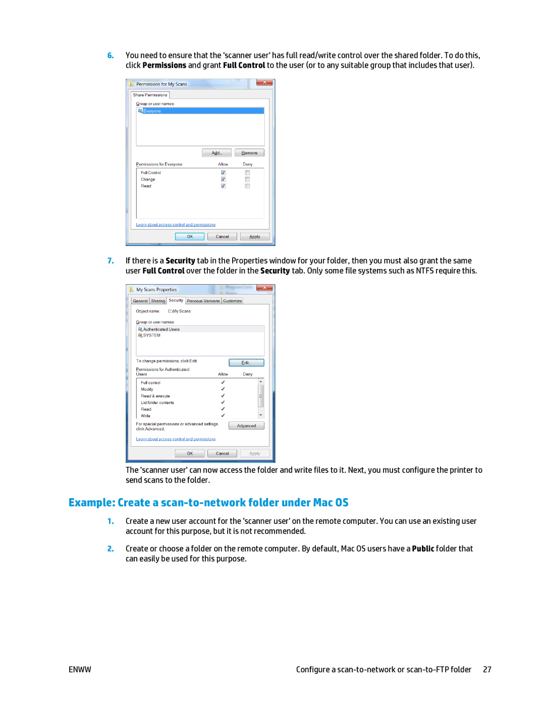 HP T2500 manual Example Create a scan-to-network folder under Mac OS 