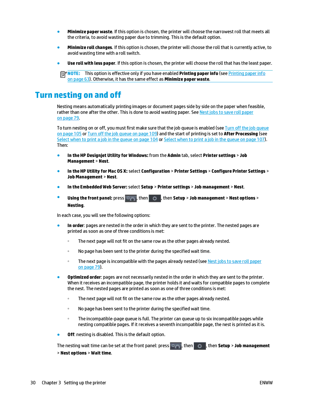 HP T2500 manual Turn nesting on and off, Nest options Wait time 