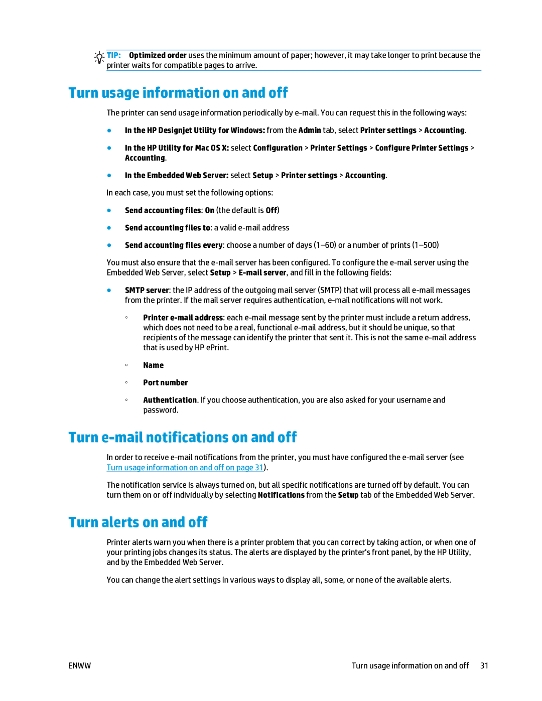 HP T2500 Turn usage information on and off, Turn e-mail notifications on and off, Turn alerts on and off, Name Port number 