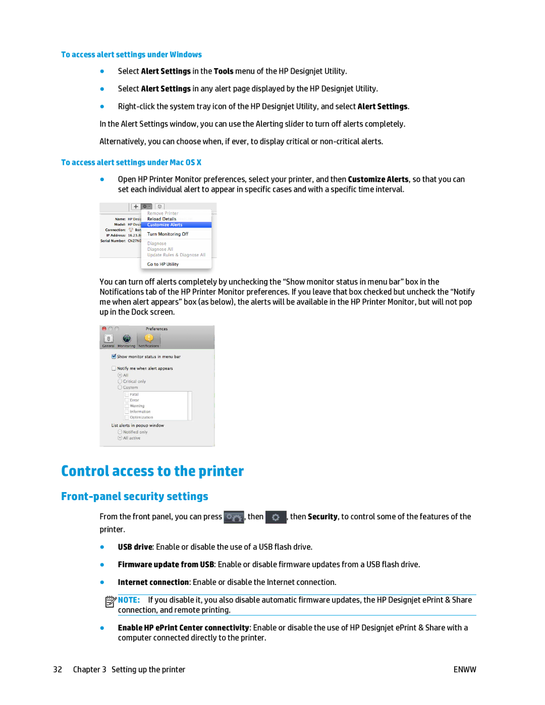 HP T2500 manual Control access to the printer, Front-panel security settings, To access alert settings under Windows 