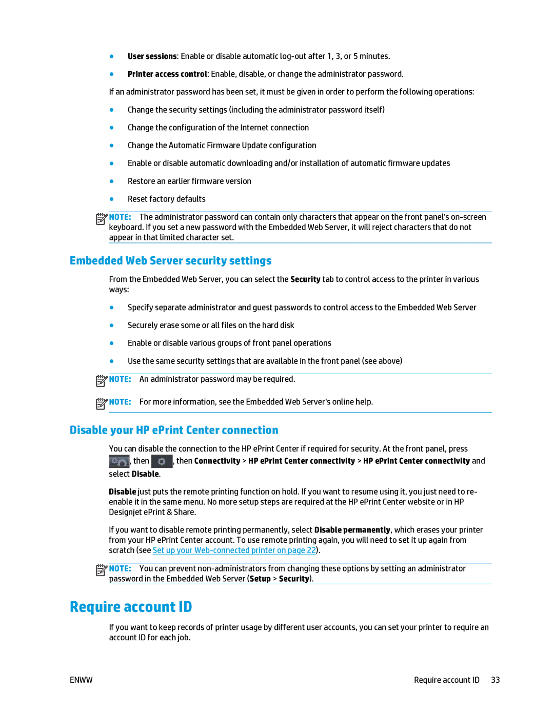 HP T2500 manual Require account ID, Embedded Web Server security settings, Disable your HP ePrint Center connection 