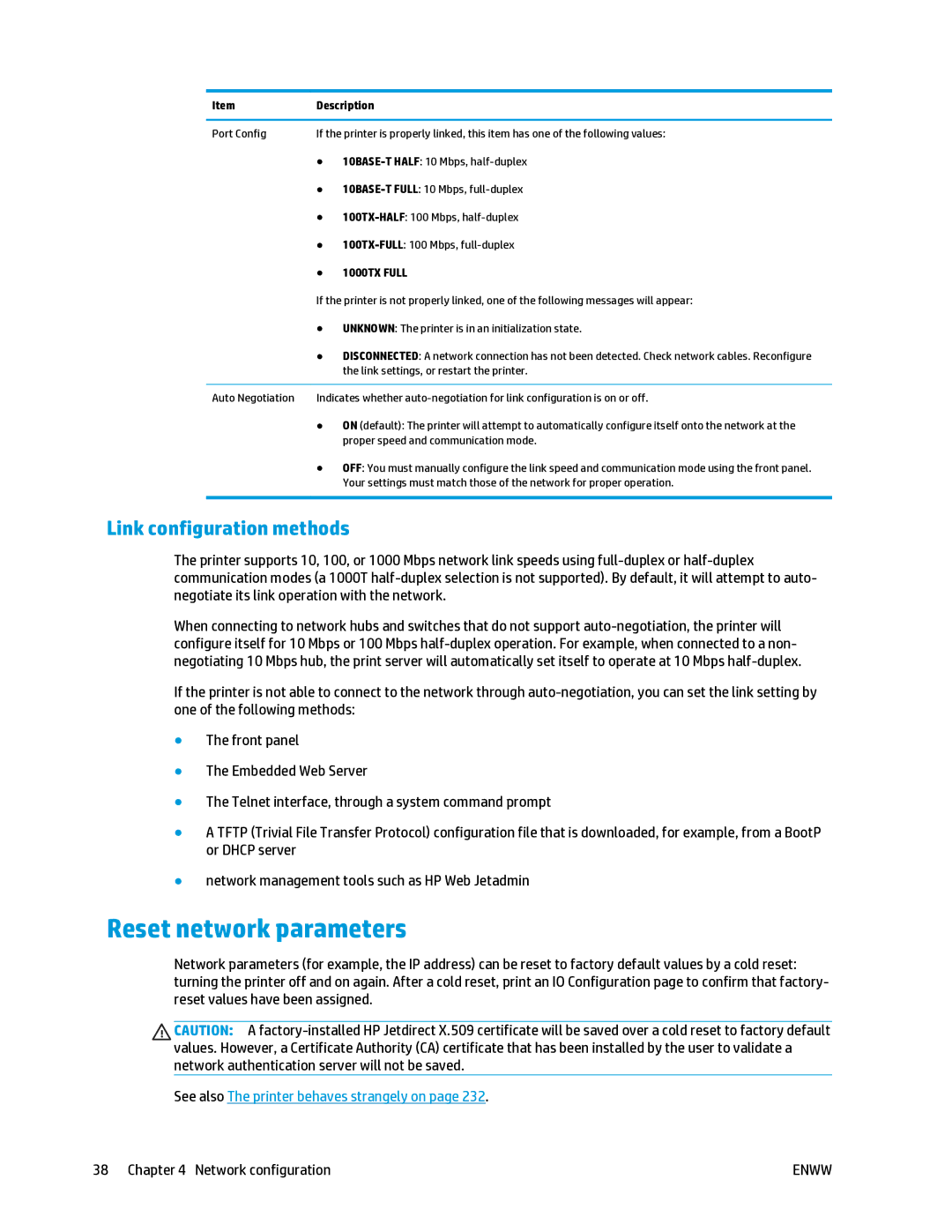 HP T2500 manual Reset network parameters, Link configuration methods 