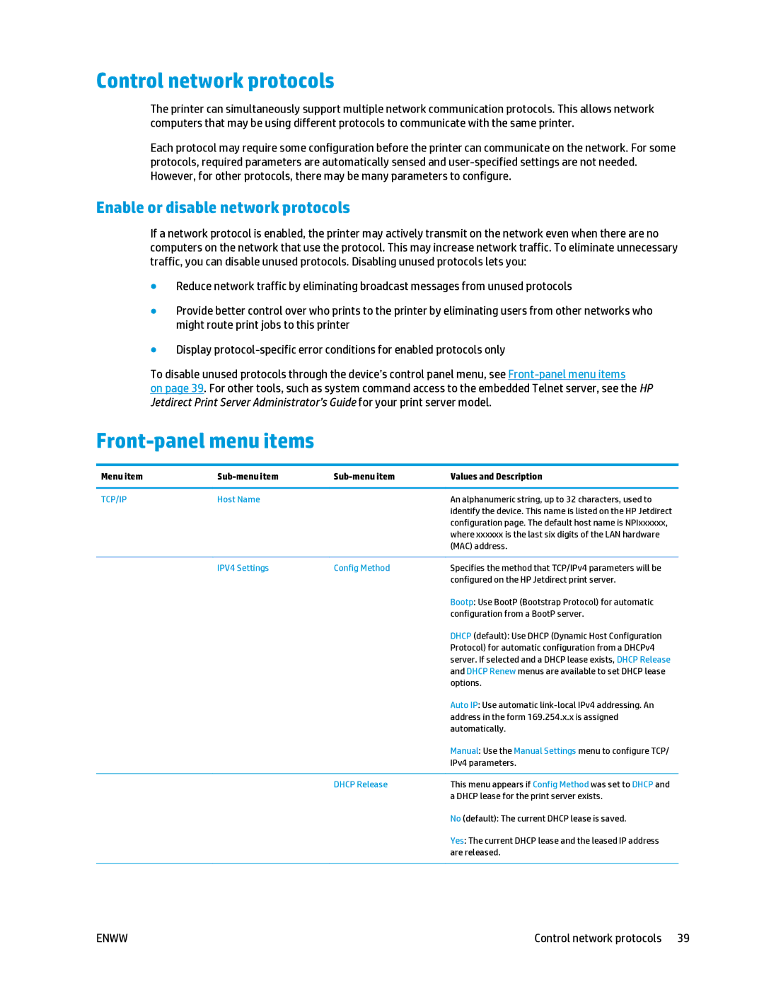 HP T2500 manual Control network protocols, Front-panel menu items, Enable or disable network protocols 