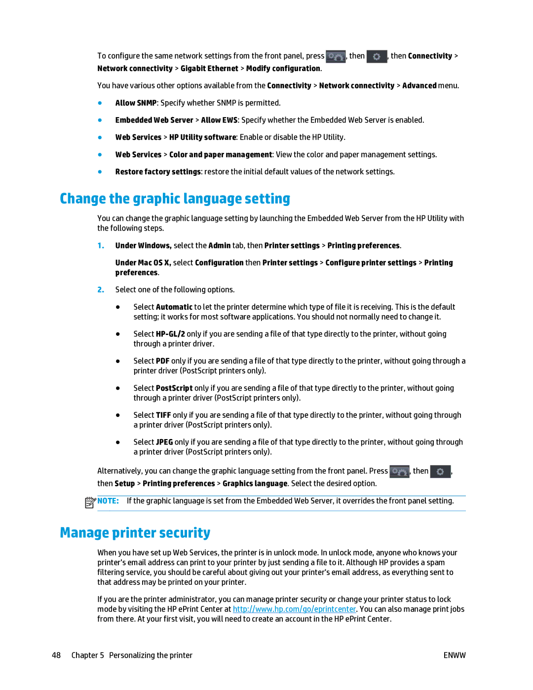 HP T2500 manual Change the graphic language setting, Manage printer security, Select one of the following options 