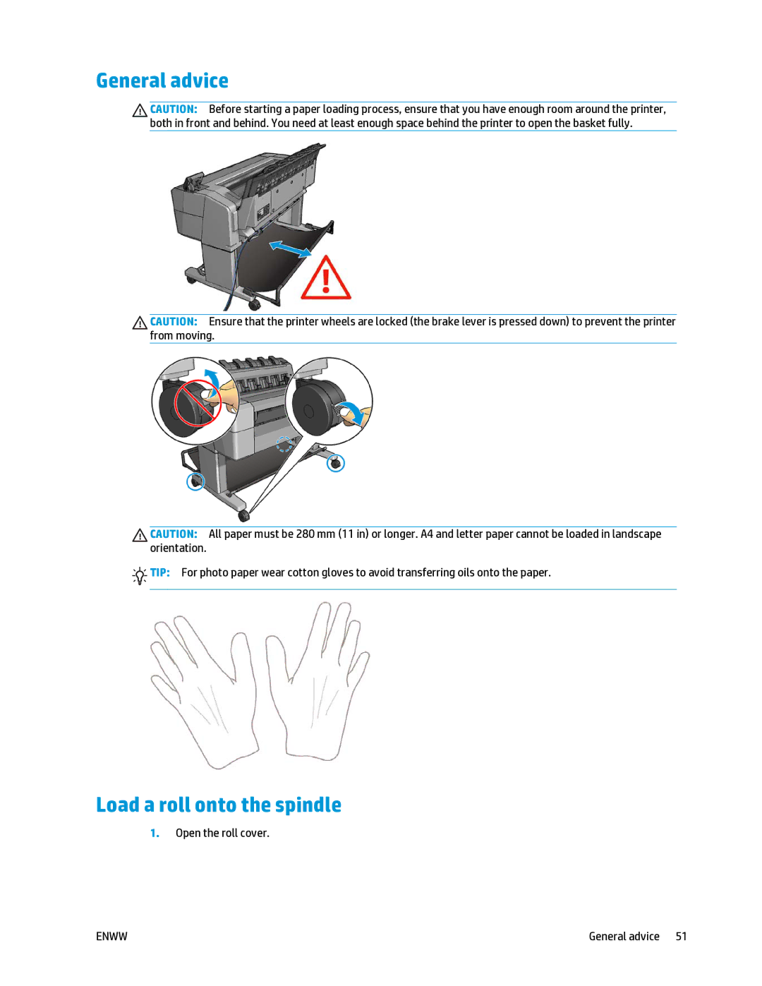 HP T2500 manual General advice, Load a roll onto the spindle, Open the roll cover 