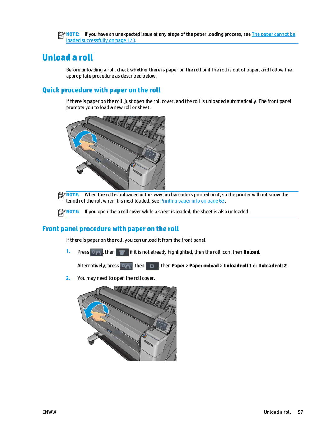 HP T2500 manual Unload a roll, Quick procedure with paper on the roll, Front panel procedure with paper on the roll 