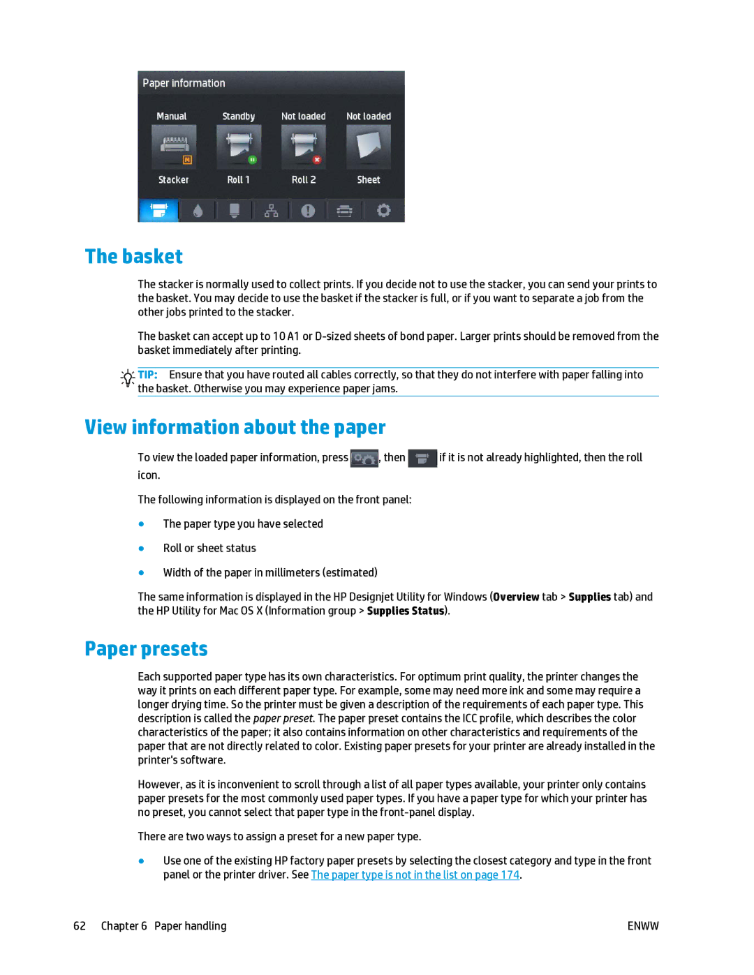 HP T2500 manual Basket, View information about the paper, Paper presets 