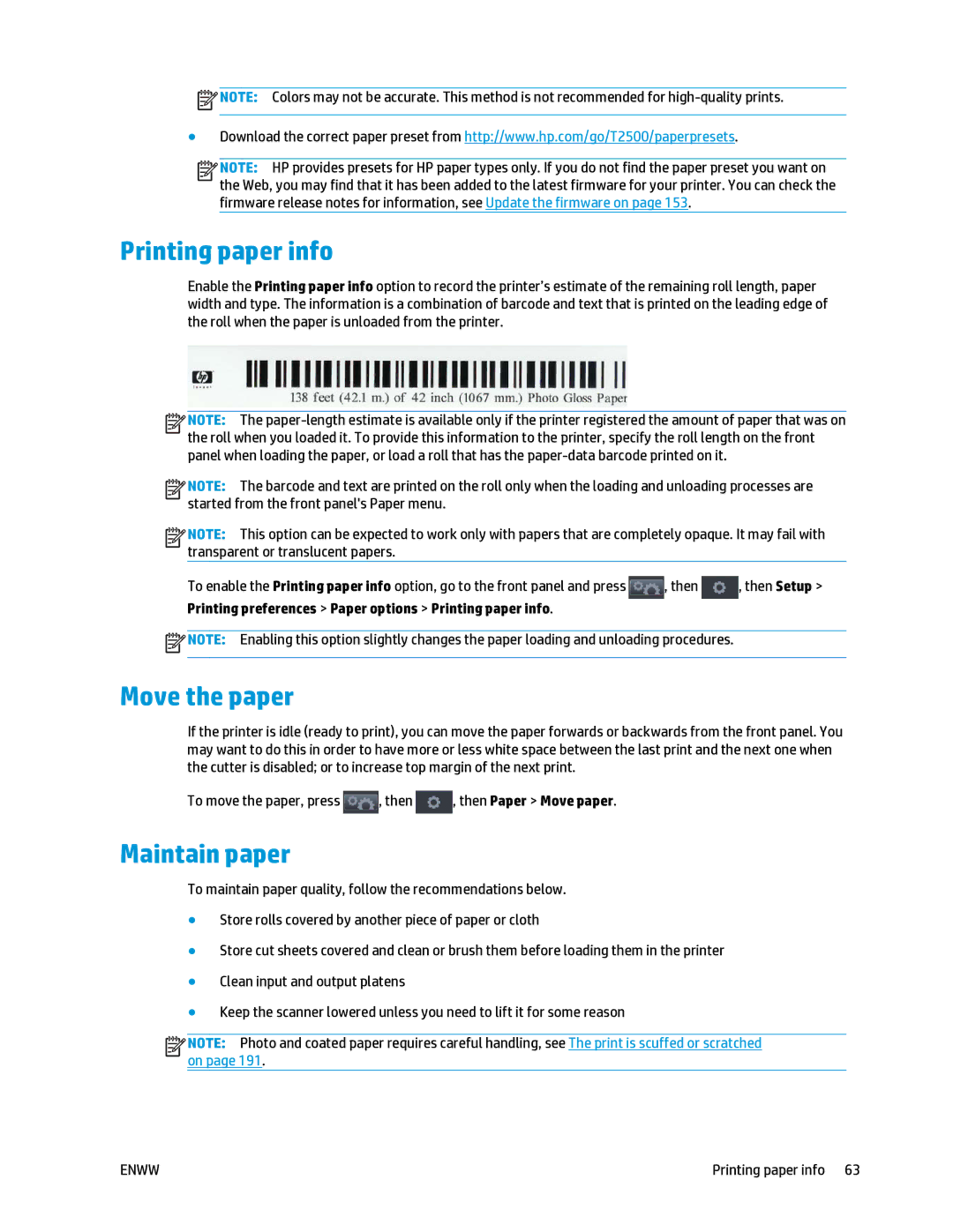 HP T2500 manual Move the paper, Maintain paper, Printing preferences Paper options Printing paper info 