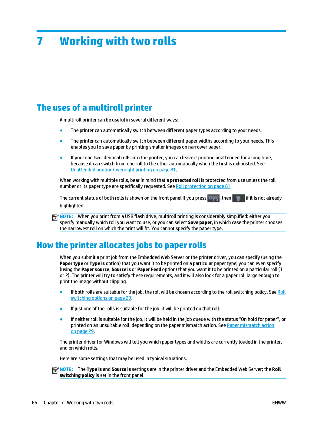 HP T2500 manual Working with two rolls, Uses of a multiroll printer, How the printer allocates jobs to paper rolls 