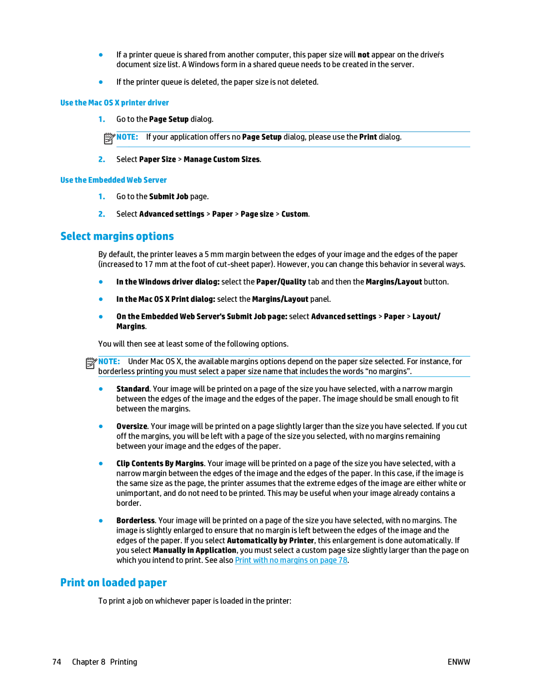 HP T2500 manual Select margins options, Print on loaded paper, Use the Mac OS X printer driver, Use the Embedded Web Server 