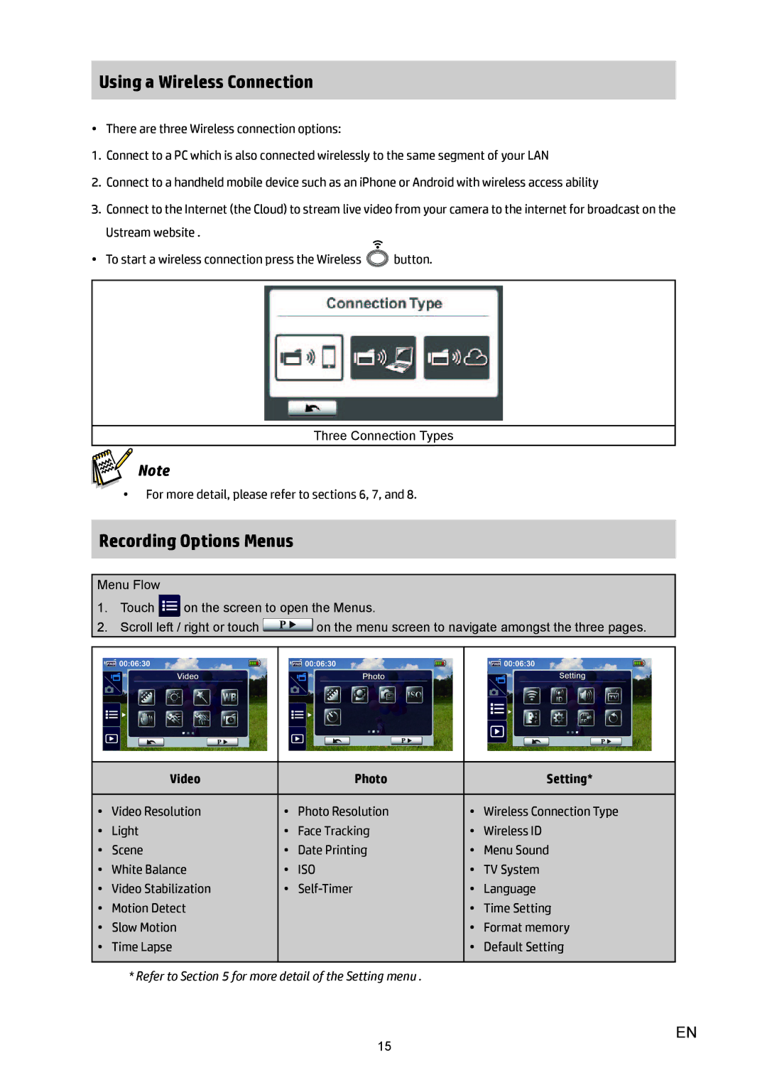 HP T450 manual Using a Wireless Connection, Recording Options Menus, Video Photo Setting 