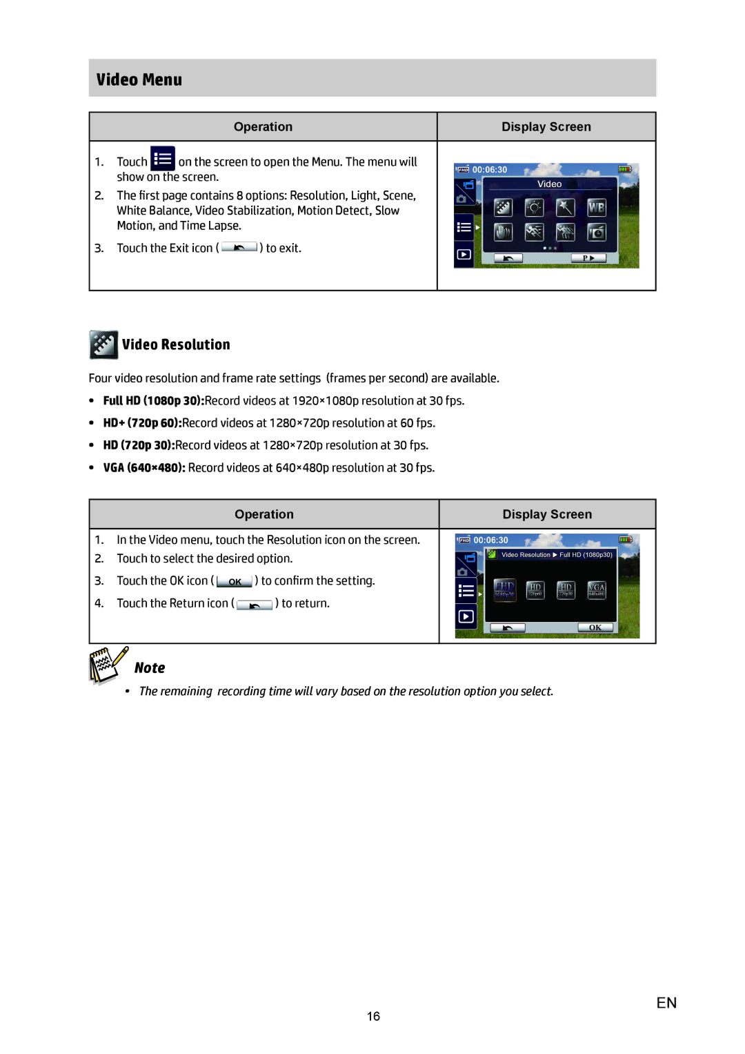 HP T450 manual Video Menu, Video Resolution 