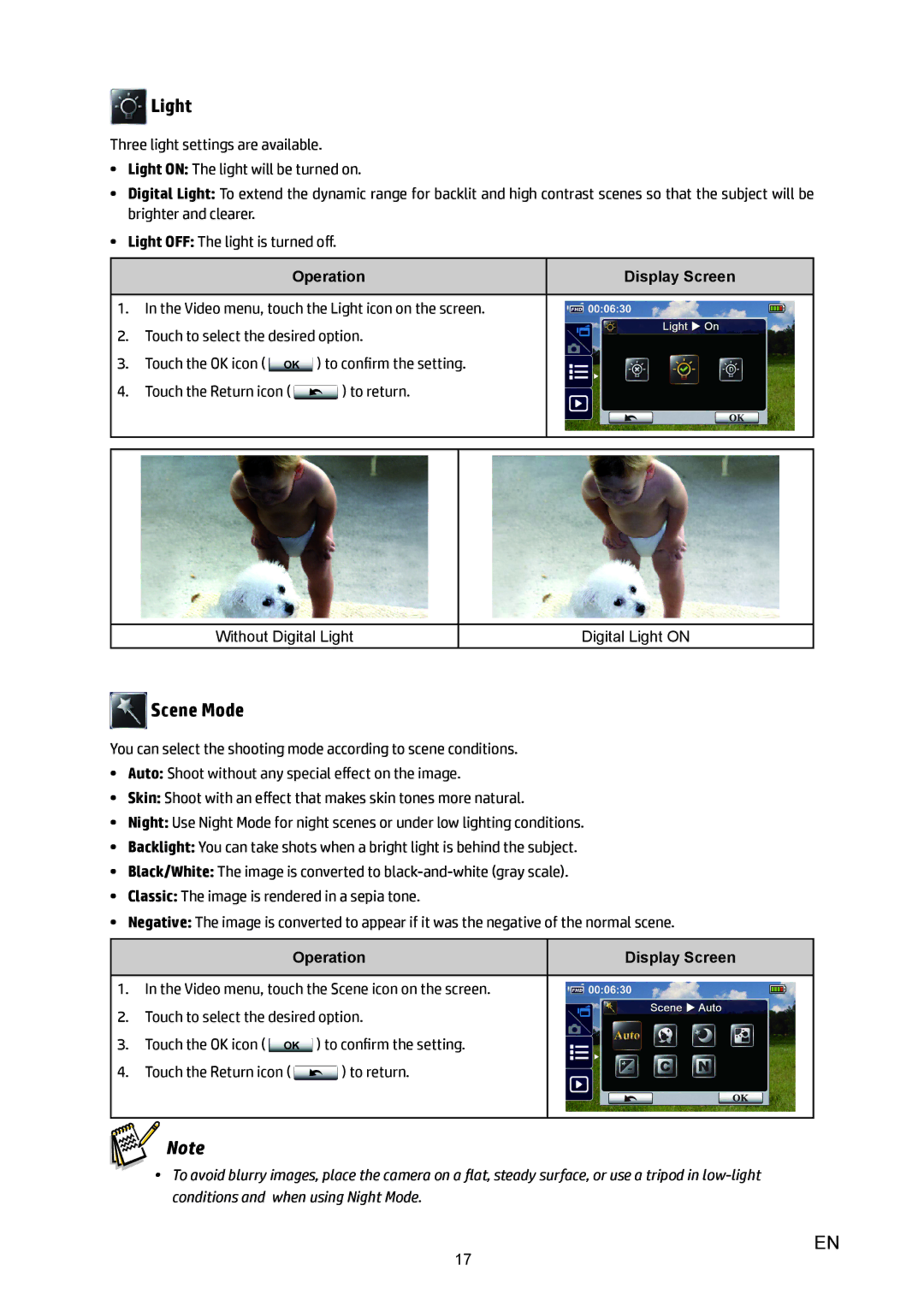 HP T450 manual Light, Scene Mode 