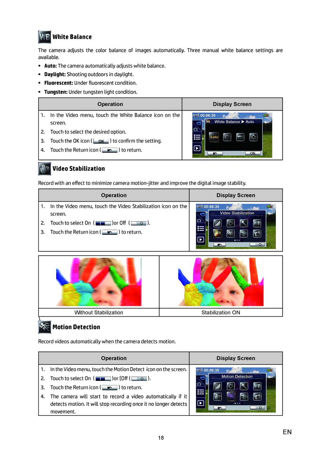 HP T450 manual White Balance, Video Stabilization, Motion Detection 