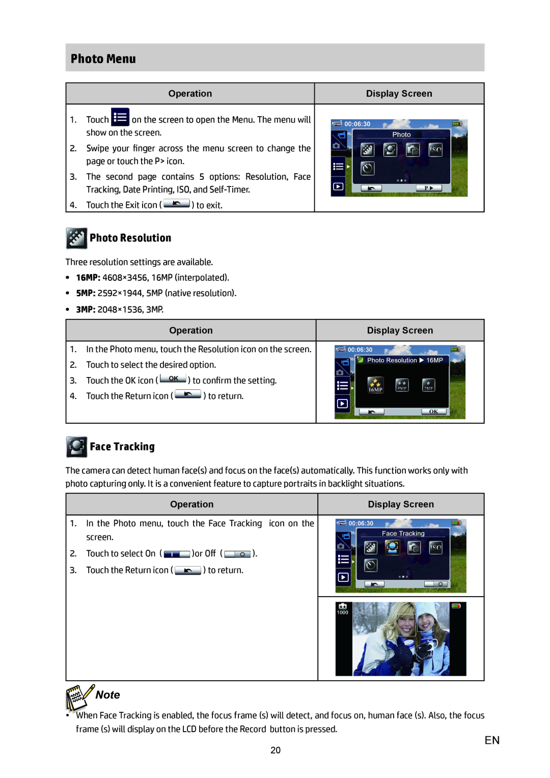 HP T450 manual Photo Menu, Photo Resolution, Face Tracking 