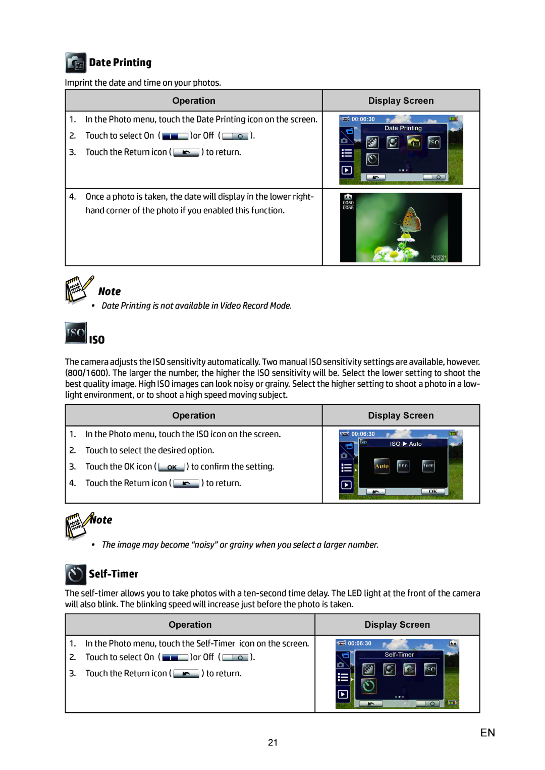 HP T450 manual Date Printing, Self-Timer 