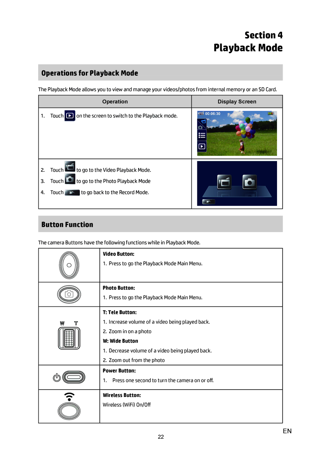 HP T450 manual Operations for Playback Mode 